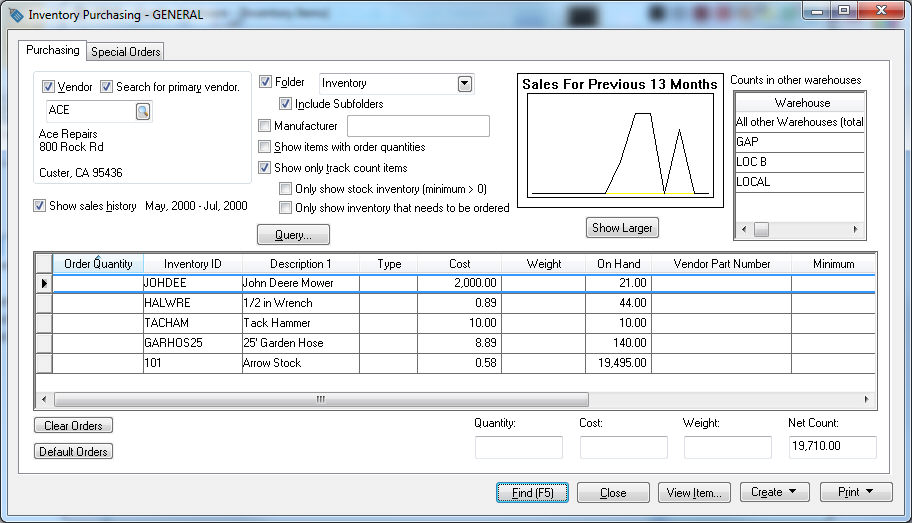 Purchasing Inventory Example Purchasing Inventory using the Inventory Purchasing Window